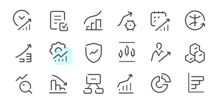 Business analytics line icons set with charts, reports and performance symbols