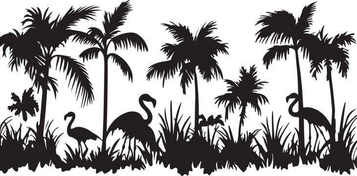 Vector illustration of kangaroo and horse silhouettes on a tropical beach island at sunset with palm trees and ocean landscape