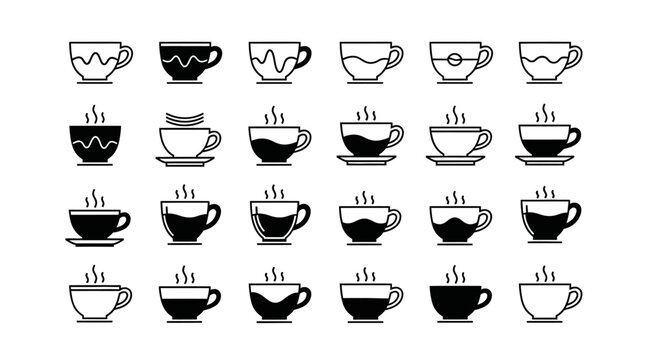 Coffee liquid level and fill volume icons set inside cup shapes depicting various drink quantities and liquid state variations for cafe menu design elements