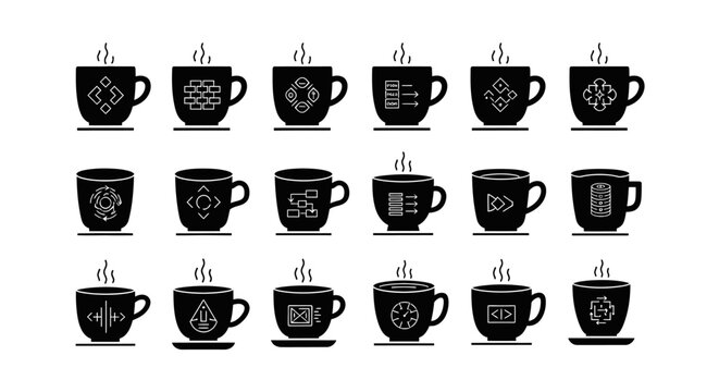 Coffee mug programming and data management icons set featuring software development symbols database structures flowcharts and coding language elements in vector