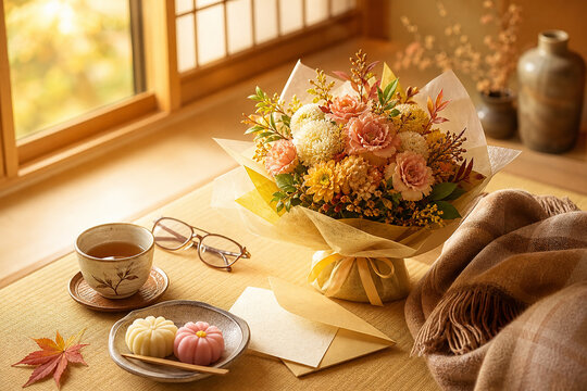 Cozy Autumn Tea Time with Seasonal Flower Bouquet and Japanese Sweets by the Window,秋の窓辺で楽しむ花束と和菓子とお茶の温かなティータイム