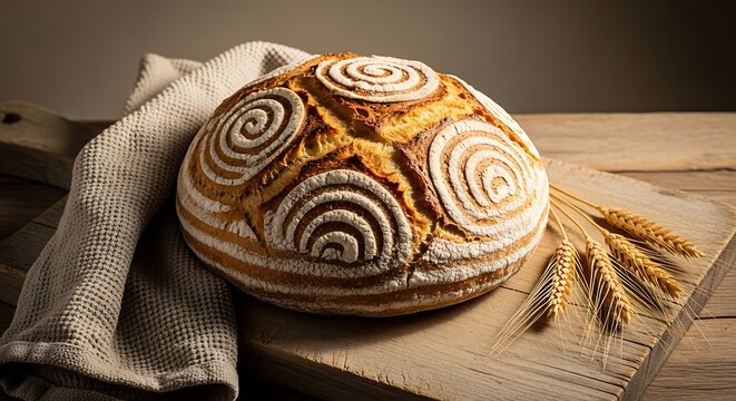 Artisanal sourdough boule on wooden board with wheat, rustic bread