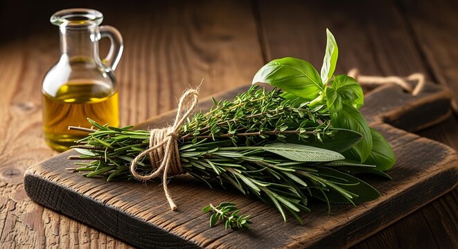 Bunch of fresh herbs on wooden cutting board, with oil jug