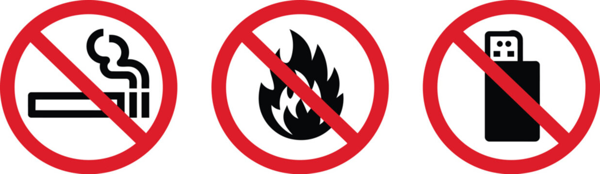 Prohibition icon set featuring forbidden cigarette fire