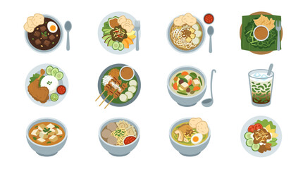 Fototapeta premium Collection of Indonesian pixel art food dishes, overhead view, diverse culinary selection, traditional cuisine elements, vibrant colors, playful design