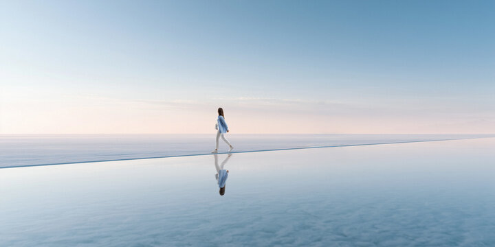 Woman walking along narrow horizon reflected in calm water. Concept of personal journey, mindful living, forward progress, emotional wellbeing and finding direction.