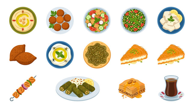 Pixel art collection of Middle Eastern food dishes, including hummus, falafel, tabbouleh, baba ghanoush, kibbeh, labneh, fatayer, baklava, shawarma, and dolma, presented in a top-down view for