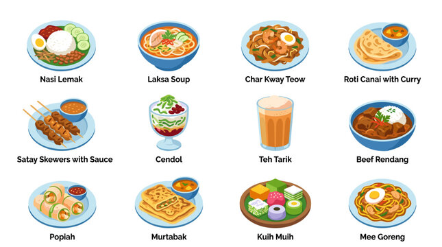 Pixel art collection of diverse Malaysian and Indonesian dishes, including Nasi Lemak, Roti Canai, Satay, and Teh Tarik, perfect for culinary websites or food blogs