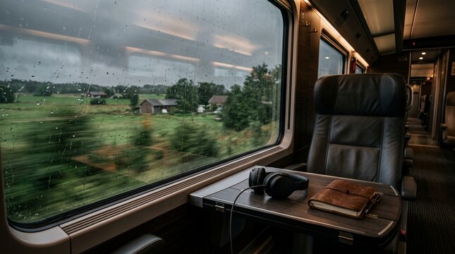 Rainy field view through moving train window seat.