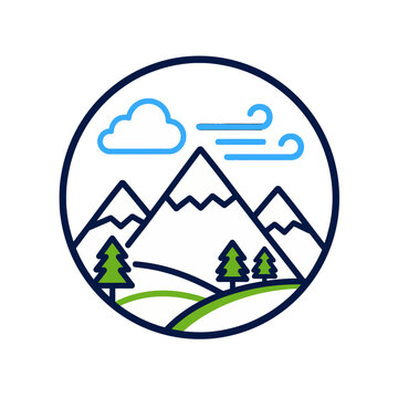 Stunning image of a snowy mountain range under a blue sky with fluffy clouds, pine trees, and a windy icon. Suitable for naturethemed designs.