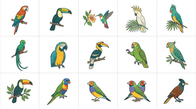 Collection of Various Colorful Tropical Birds Illustrations Isolated on White Background