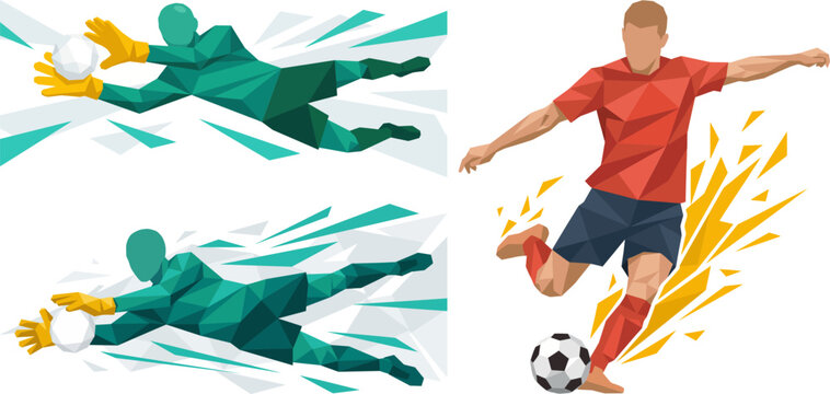 Soccer action splash poster. Featuring a goalkeeper and striker in dynamic motion with vibrant paint splatter. Editable vector design for sport banner and championship promo graphic.
