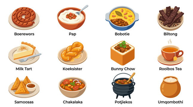Collection of pixel art food icons, diverse dishes from around the world, each with a label and presented on a neutral background, pixelated illustration