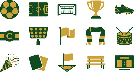 Soccer supporter flat icon set. Featuring football, corner flag, card, scarf, and stadium bench symbols in green tone. Editable flat vector icons for sport blog and fan apparel graphic. © Pixel_Forge