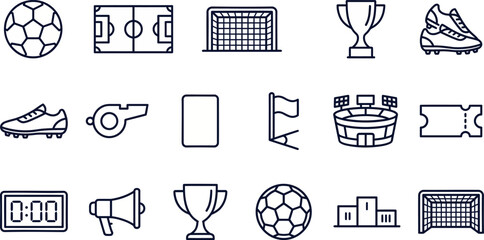 Football match line icon set. Featuring soccer ball, corner flag, ticket, scoreboard, and stadium symbols. Editable stroke vector icons for sports website and championship app. © Pixel_Forge