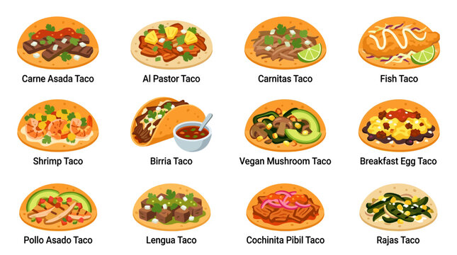 Set of twelve pixel art tacos with diverse fillings, isometric view, flat design elements, food illustration, Mexican cuisine variety