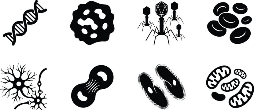 Biology and microbiology science vector icon set featuring dna strand bacteriophage virus cell division and mitochondria