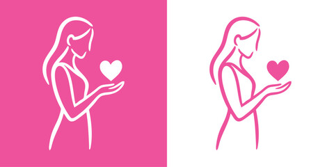 Logotipo con dibujo minimalista con líneas de una mujer de pie de perfil con un corazón en la mano, para tarjetas y felicitaciones de San Valentín, en colores rosa y blanco  © teracreonte