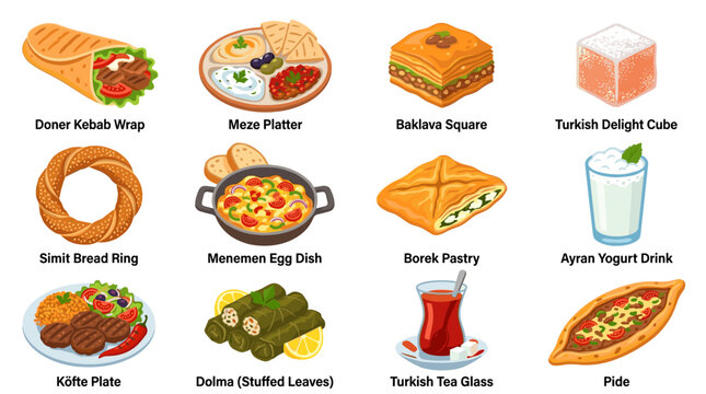 Pixel art collection of Turkish food items and drinks, including d&ouml;ner wrap, meze plate, baklava, Turkish delight, simit, menemen, b&ouml;rek, ayran, k&ouml;fte, sarma, tea, and pide, presented in a top-down