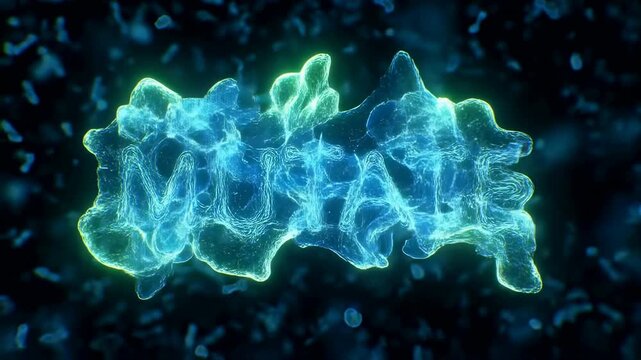 Glowing MUTATE text morphing from solid neon letters into fractured gelatinous filaments against