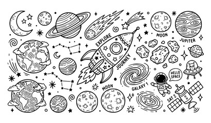 Hand Drawn Space Exploration Doodle Set with Rocket Ship, Astronaut, Planets, Constellations, and Educational Science Elements for Kids Coloring Book Pages © MdGohurul
