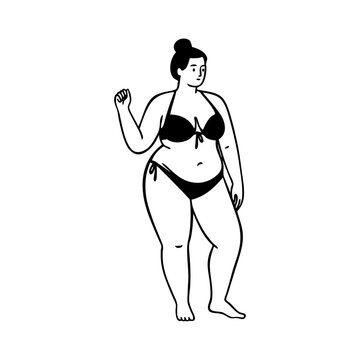 Logotipo con dibujo minimalista con l&iacute;neas de una mujer obesa con traje de ba&ntilde;o o ropa interior de pie de frente, con una mano levantada 