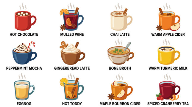 Collection of pixel art beverages in cups and mugs, featuring hot chocolate, mulled wine, chai latte, warm apple cider, peppermint mocha, gingerbread latte, pho, golden turmeric milk, eggnog, hot