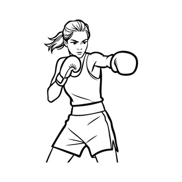 Logotipo con dibujo minimalista con l&iacute;neas de una mujer con guantes de entrenamiento, en una posici&oacute;n de guardia de boxeo 
