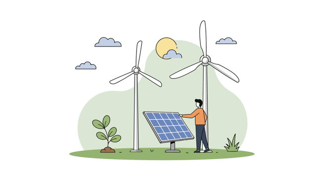 Man installing solar panel near wind turbines.