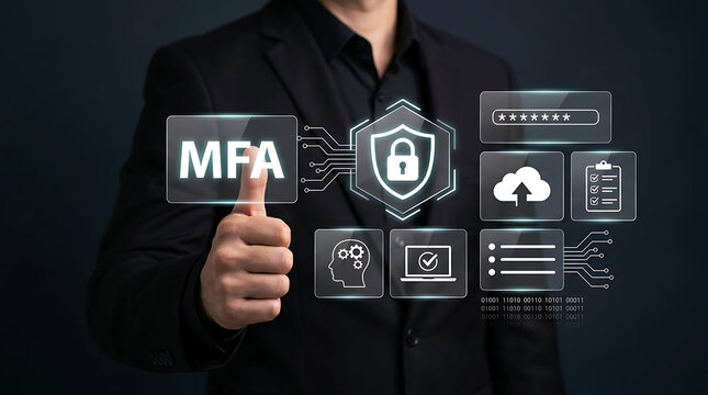 Businessman showing thumbs up for MFA multi factor authentication secure cloud storage system
