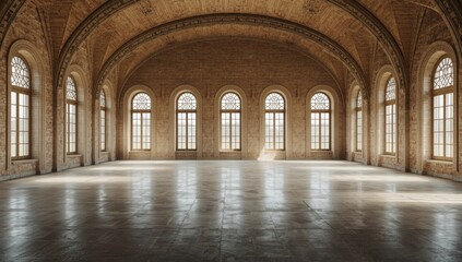 Fototapeta premium Spacious empty hall with large arched windows and brick walls