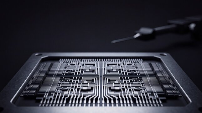 Low angle macro shot of a symmetrical embossed metallic circuit board texture with parallel lines