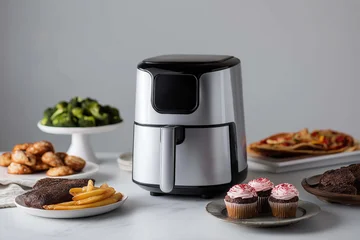 A sleek air fryer on a white marble countertop with fries, steak, cupcakes and vegetables. Kitchen appliance for everyday meals, party food and holiday dishes like Thanksgiving and Christmas. © Magryt