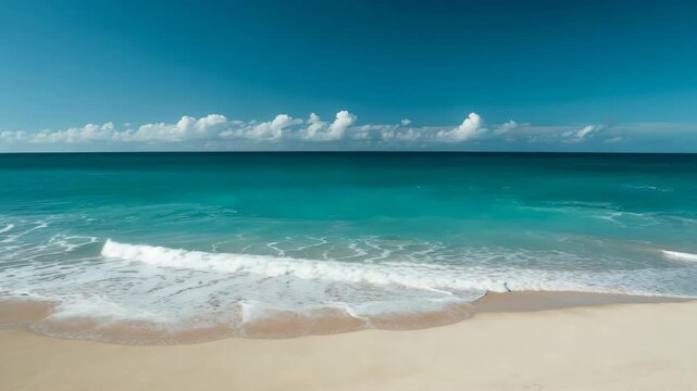 Serene tropical beach scene with gentle waves lapping at the shore under a bright blue sky with fluffy white clouds on a sunny day perfect for travel brochures and relaxation concepts