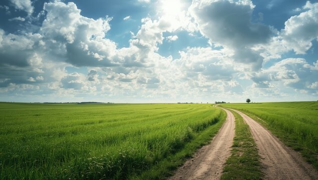 Dirt road winding through green fields under a cloudy sky
