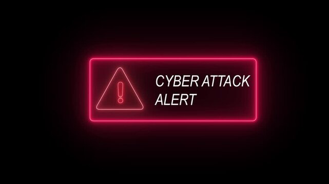 Animated cyber attack alert warning sign with glowing neon red border and triangular exclamation for digital security, data breach notification, network intrusion protection, and online safety