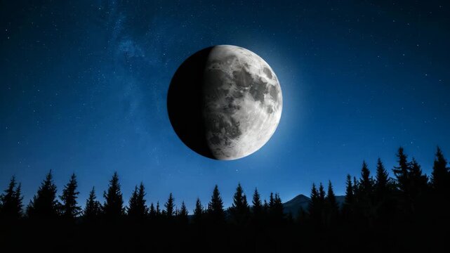 Full moon rising over silhouette of pine trees and mountain range under starry night sky with dark blue gradient background lunar landscape photography