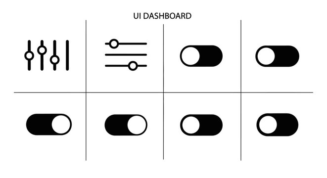 Set of modern user interface dashboard slider toggle switch control icons vector illustration for web and mobile application design projects in black and white