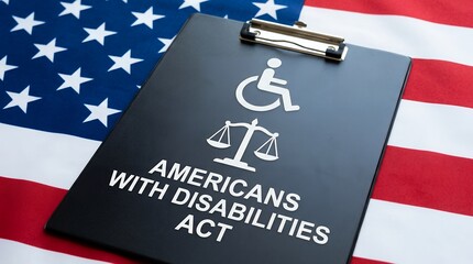 Black clipboard with 'Americans with Disabilities Act' text and symbols for wheelchair user and justice scales placed on a US flag ADA disability rights law equality civil rights