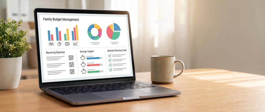 Laptop displaying household budgeting dashboard with savings goals, expense tracking, financial planning tools, and personal finance analytics for effective Family Budget money management.