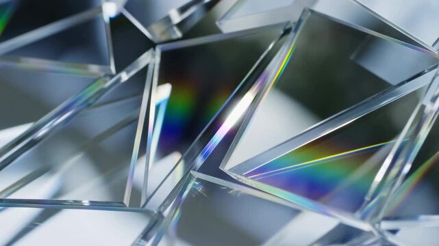 Clear glass prism sequence showing rotation dispersion and scattering under intense point light