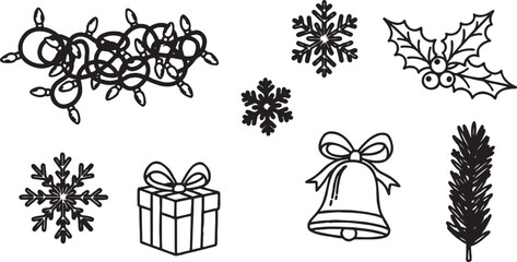 Obraz premium Collection of black and white christmas icons including lights snowflakes holly pine branch gift bell with christmas symbols holiday icons christmas elements winter icons tree branch