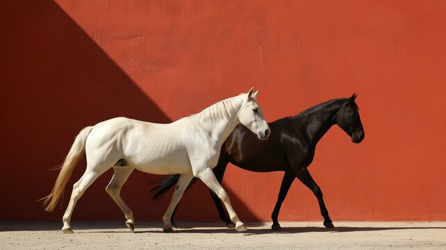 A Minimalist Fine-Art Photograph of a White and Black Horse Walking in Parallel Against a Vibrant Terracotta Orange Wall with Sharp Diagonal Shadow