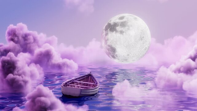 Fantasy Moon Over Purple Ocean with Floating Boat Loop Animation