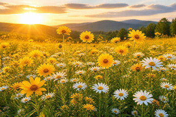 Obraz premium A field of bright yellow and white wildflowers bathed in the warm glow of a setting sun over rolling hills.