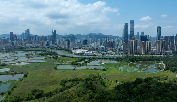 Aerial view of rural green fields with fish ponds on Hong Kong and the skylines of Shenzhen