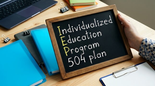 Hand holding a chalkboard with the acronym IEP Individualized Education Program and 504 plan written on it surrounded by office supplies learning school student child support