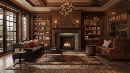 Obraz premium Luxury living area featuring rich hardwood floors and an inviting roaring fireplace