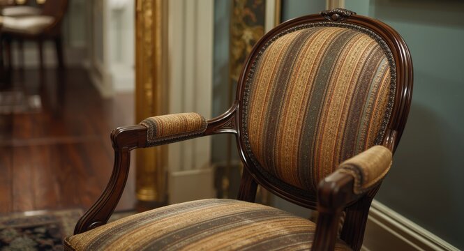 Vintage Biedermeier chair featuring elegant striped upholstery and detailed wood carving for classic decor