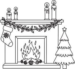 Fototapeta premium Christmas fireplace with roaring fire stockings tree christmas eve fireplace christmas stocking decoration interior celebration new year gathering tradition illustration isolated
